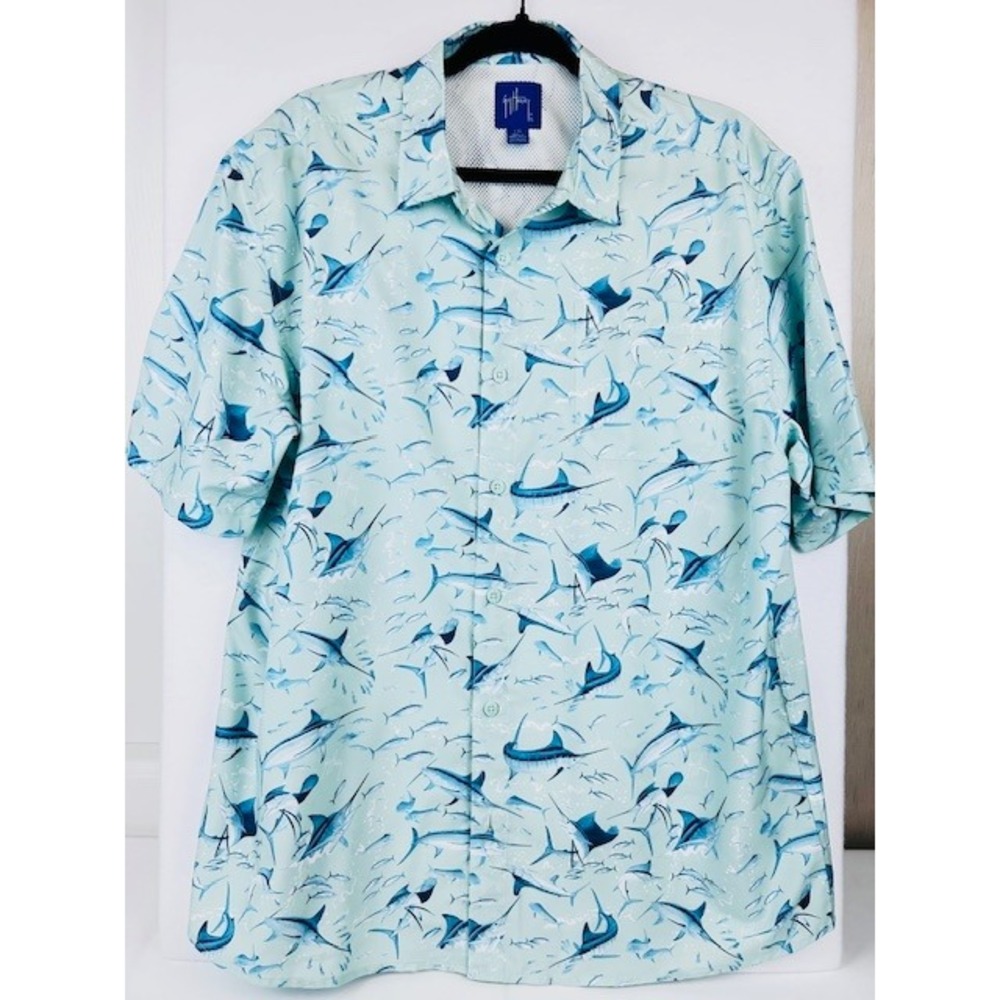 Guy Harvey Mens Blue Marlin Fish Print Fishing Shirt GHV56052 Aqua L
